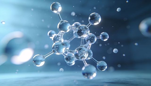 Floating transparent molecular structure in cyan light with glass droplets and bokeh