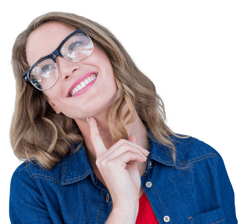 Smiling Woman with Glasses Standing on Transparent Background