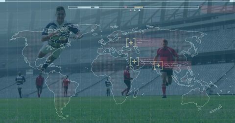 Digital world map over laid on football players on field