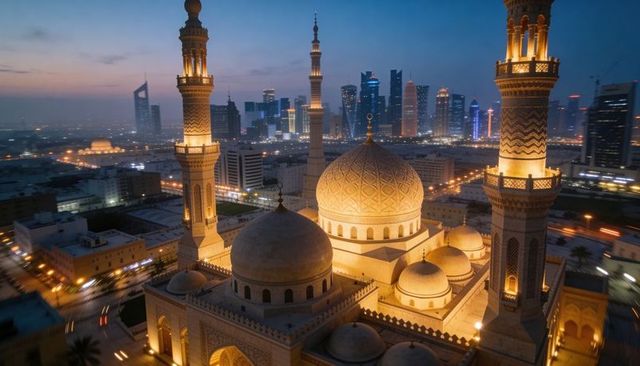 Golden mosque domes and minarets lighting up modern city skyline at blue hour