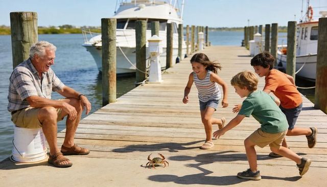 Grandfather laughing while grandchildren chasing crab on sunny marina dock