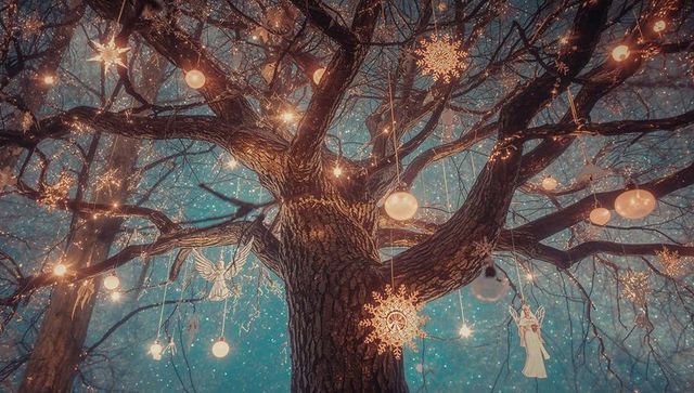 Magical Tree with Lights and Ornaments under Starry Night Sky