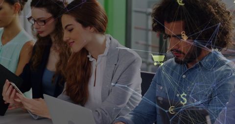 Diverse Team Engaging with Digital Networking Elements