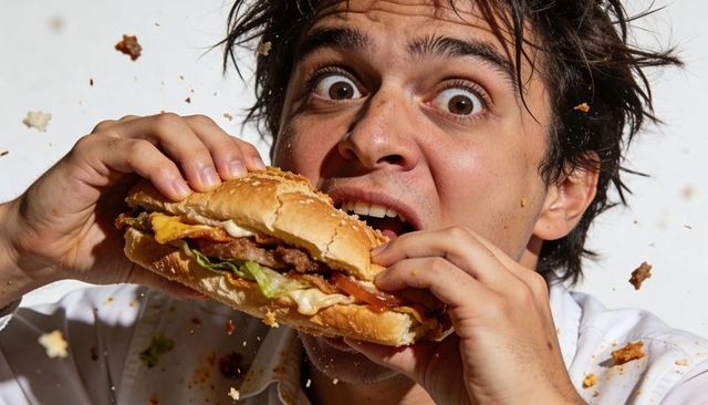 Young man wildly biting oversized burger, crumbs flying, messy fast food craving, hungry