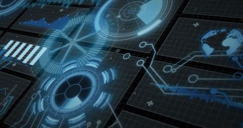 Displaying futuristic holographic HUD dashboard visualizing global telemetry and analytics