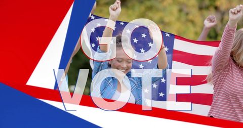 Diverse group encouraging voting with american flag