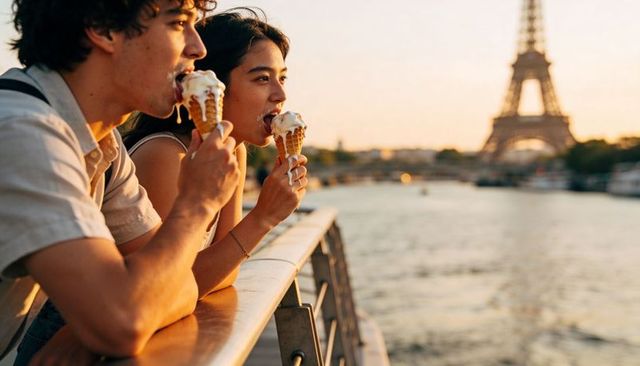 Young couple enjoying melting ice cream cones on seine promenade, eiffel tower at sunset