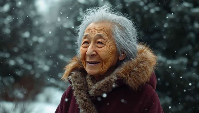 Elegant senior asian woman in snow-covered forest