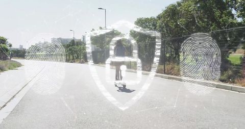 Woman riding skateboard down sunny suburban road with digital security shield overlay