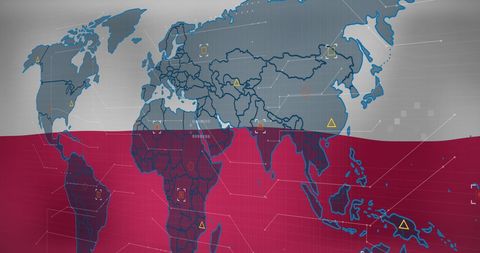 World map overlay on waving poland flag background