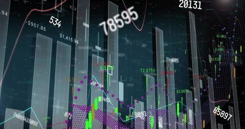 Futuristic 3d financial dashboard showing rising market bars and neon data streams