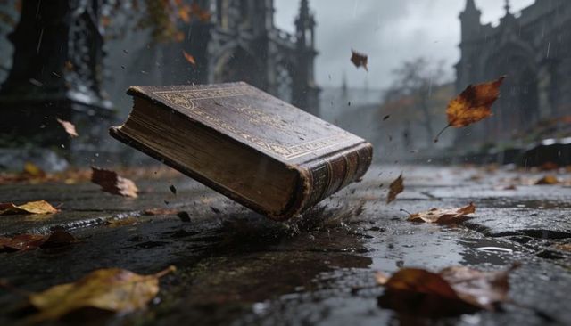 Hovering ornate leather-bound tome splashing over wet cobblestone courtyard in autumn rain