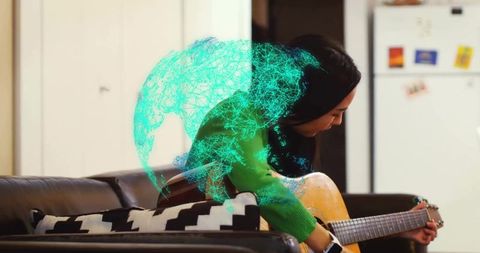Woman Strumming Acoustic Guitar at Home with Digital Globe Overlay