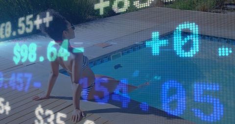 Financial Overlay on Woman at Poolside Representing Modern Lifestyle