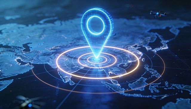 Holographic location pin hovering over digital map emitting radar rings with drones