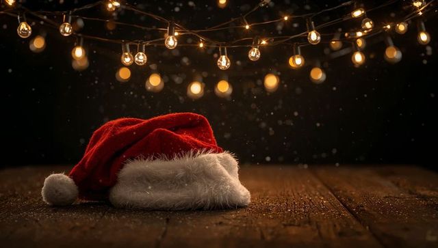 Resting red santa hat on rustic wooden table with warm string lights and bokeh