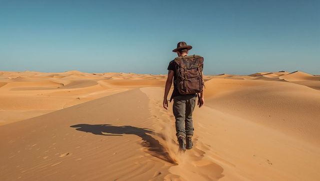 Solo hiker walking dune crest carrying large backpack under clear blue sky