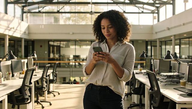 Professional woman checking smartphone in sunlit open-plan mezzanine office with workspaces