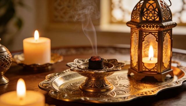 Ornate brass incense burner and lantern with candles creating warm middle eastern ambience