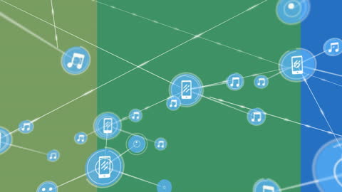 Digital Network with Music and Device Icons on Colorful Background