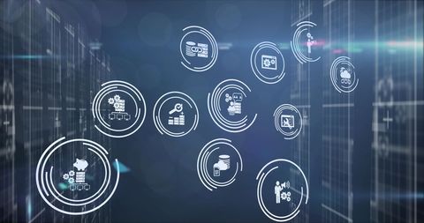 Futuristic Digital Technology Icons with Light Trails on Blue Background - Download Free Stock Images Pikwizard.com