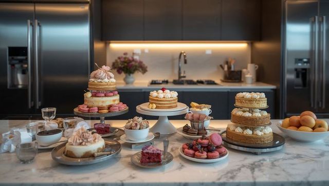 Luxury dessert spread featuring layered cakes and pink macarons on marble island