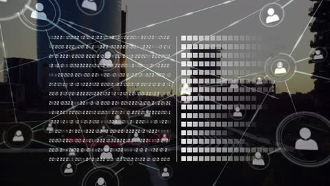 Digital Data Network Over Urban Skyline at Dusk