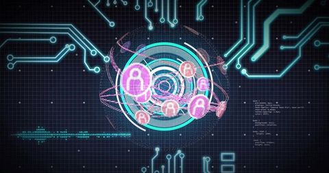 Holographic network interface visualizing connected user nodes on futuristic circuit grid