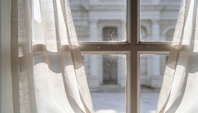 Sunlight streaming through muntined window with sheer linen curtains and dust motes