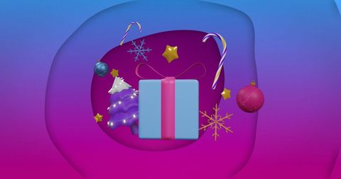 Christmas Decorations with Floating Gifts on Colorful Background