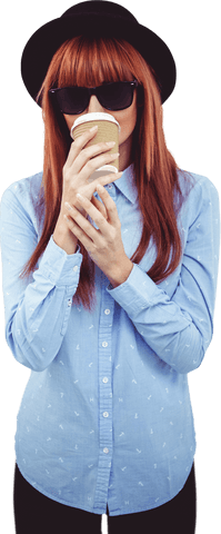 Trendy Woman Wearing Hat and Sunglasses Enjoys Coffee Transparent Background