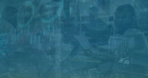 Collaborative Business Team Analyzing Data with Tech Overlay