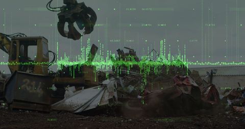 Industrial Machinery Handling Scrap Metal with Digital Data Visualization