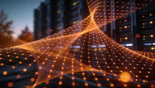 Flowing orange data mesh weaving through server racks with glowing nodes, wireframe grid