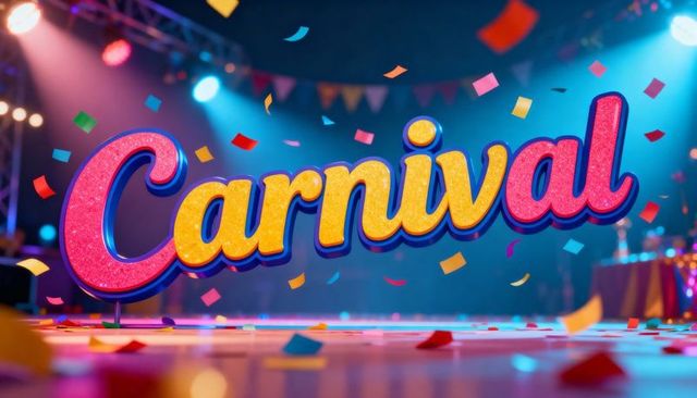 Glittering carnival sign on reflective stage with falling confetti and colorful spotlights