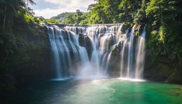 Cascading tiered waterfall pouring into turquoise pool surrounded by lush tropical jungle