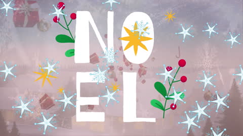 Festive Noel Text with Stars and Christmas Ornaments on Winter Background