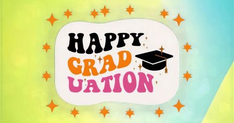 Retro psychedelic happy graduation banner with graduation cap, stars and sparkles