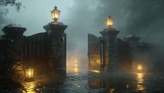 Glowing stone gateways leading into foggy forest at dusk with lantern reflections