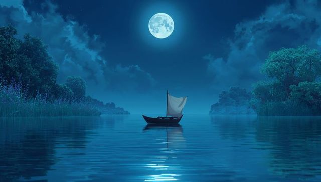 Sailboat Drifts in Tranquil Moonlit Lake with Lush Trees
