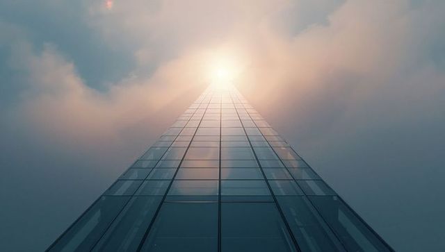 Skyscraper reaching sunset sky with reflective glass panels