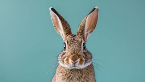 Brown cottontail rabbit close-up against teal background