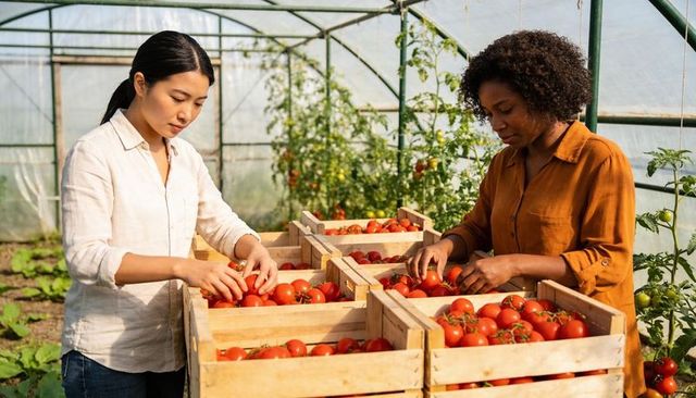 Two women harvesting and packing ripe tomatoes in greenhouse with wooden crates