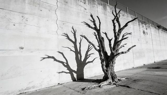 Standing Gnarled Leafless Tree Casting Dramatic Shadow on Concrete Channel Wall