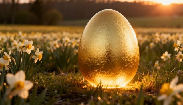 Glowing giant golden egg resting among daffodils in sunset meadow for spring and easter concept