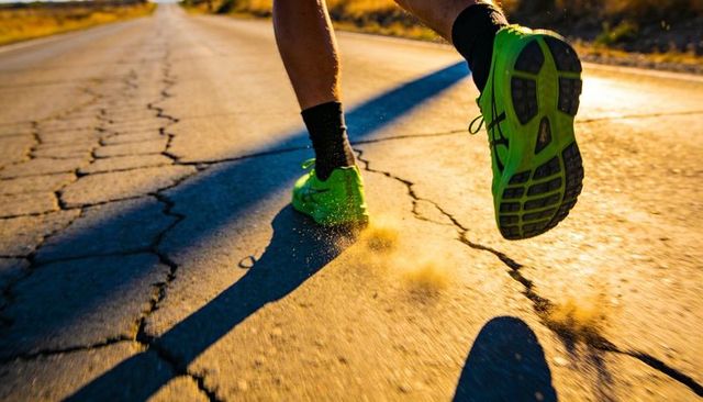 Neon green running shoes kicking dust on cracked road at golden hour, close-up motion