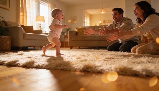 Baby taking first steps toward smiling parents on plush rug in sunlit cozy living room