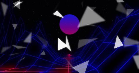 Hovering magenta orb over neon wireframe valley with red grid road and floating shards