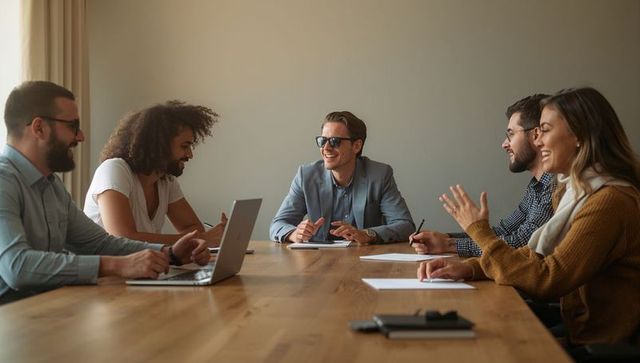 Business team meeting with confident leader in suit and sunglasses around conference table