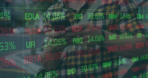 Man checking smartphone with stock ticker overlay on urban sidewalk for fintech